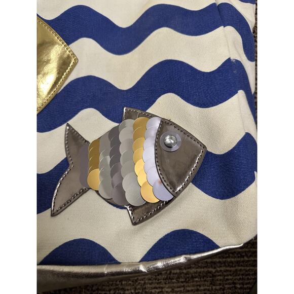 Felix Rey Tote Bag Women Blue Canvas Faux Leather Fish Sequin Gold Handles Purse - Picture 3 of 9